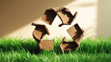 Recycling symbol created from cardboard with plastic, grass in the background representing the recycling concept.