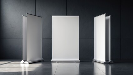 Roll up banners display. Blank template mockup. Isolated screens for your design.