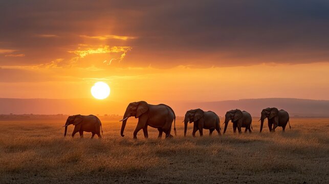 A vast savannah landscape with a herd of elephants walking at sunset