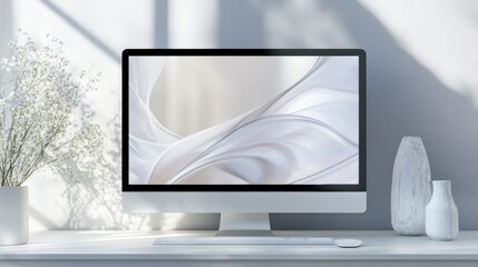 White Desktop Mockup with Abstract Screen Flowers and Vases 