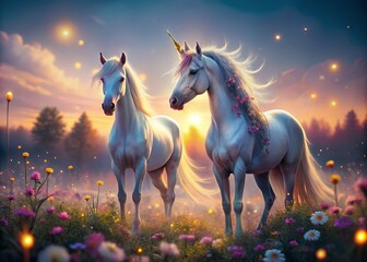 Fototapeta premium Magical Dusk: Unicorns in a Glowing Meadow - High-Resolution Stock Photo