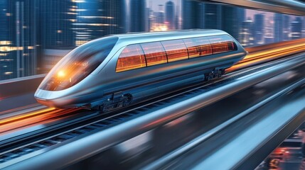 Fototapeta premium A modern high speed train is speeding quickly through a city
