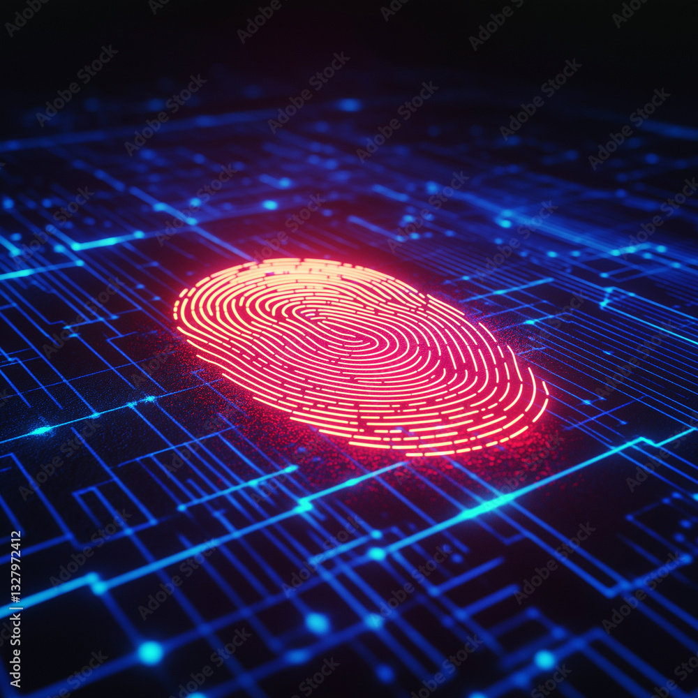 Aufkleber futuristic biometric fingerprint scanner: secure access, glowing interface, high-tech authentication