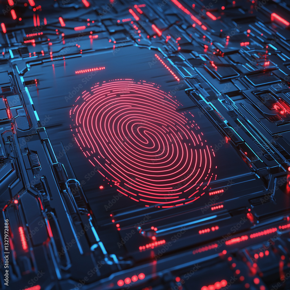 Poster futuristic biometric fingerprint scanner: secure identity verification technology, 3d model, glowing