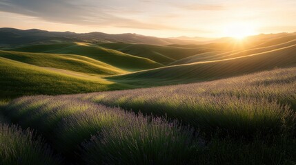 Fototapeta premium A field of lavender stretching across rolling hills, glowing in golden light