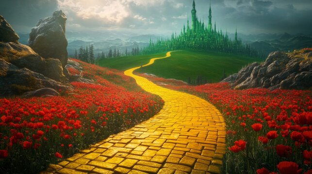 Yellow Brick Road Leading to Emerald City Through Poppy Field
