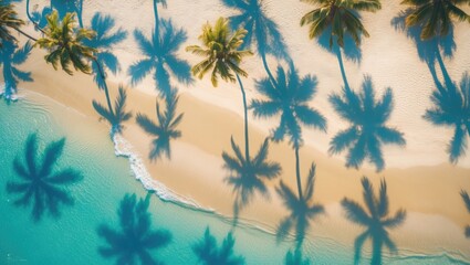 Naklejka premium Aerial paradise featuring lovely palm tree shadows on a sandy beach, seen from above the turquoise ocean. Incredible summer landscape pattern. Gorgeous sunny beach scene, inspiring relaxation for a...