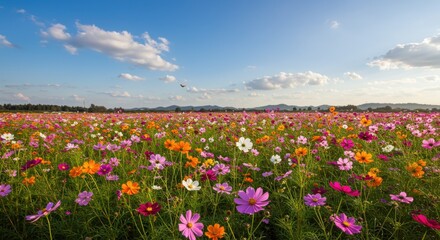 A vibrant field with colorful pink, orange, and white flowers swaying in the breeze under a clear blue sky, creating a picturesque landscape for nature lovers.