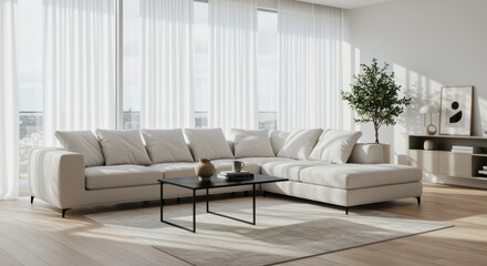 A modern living room features a cozy sectional sofa with plush pillows on a soft rug. A small black coffee table, decorative items, and a vibrant plant brighten the space with natural light.