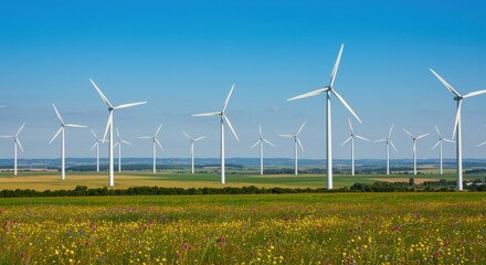 A vibrant field of wildflowers under a bright blue sky, with towering wind turbines in the background, highlighting themes of renewable energy and sustainability.