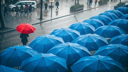 A single red umbrella standing out among many blue umbrellas, creating a striking image of individuality, uniqueness, and standing apart from the crowd.
