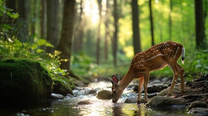 Obraz premium A peaceful forest clearing with a deer drinking from a stream