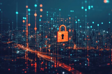 Obraz premium network security with a cityscape background and a lock icon, symbolizing the digital protection of a modern IT company in an urban environment Generative AI