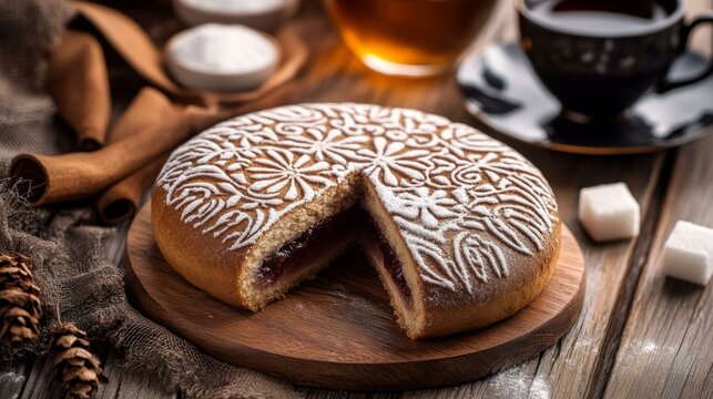  Traditional Russian pryanik gingerbread with ornate design and jam filling on wooden table with tea setup
