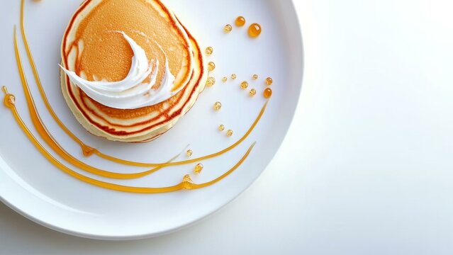  Elegant presentation of Russian oladyi pancakes with cream and honey drizzle on white plate for gourmet cooking