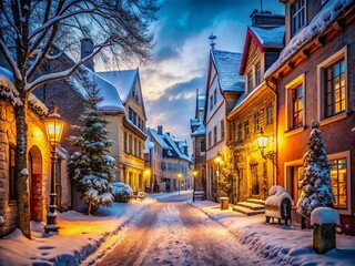 Fototapeta premium Magical Winter Street, Glowing Lights, Cozy Christmas Scene, Festive Holiday Background
