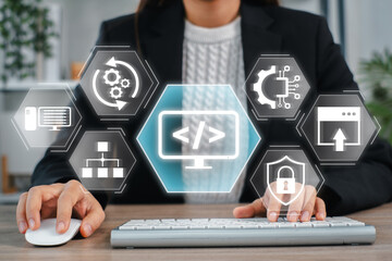 Futuristic interface showcasing programming and technology icons, ideal for illustrating software development and cybersecurity themes.