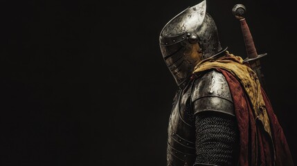 A medieval knight stands proudly in shining armor and a cape