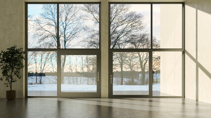 Large luxury modern bright interiors Living room mockup illustration 3D rendering image