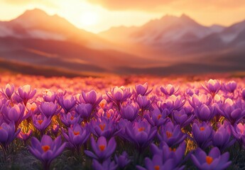 Fototapeta premium Vibrant Blooming Crocus Flowers Under Golden Sunrise in Majestic Mountain Landscape with Soft Light Reflecting on Petals and Lush Green Grass
