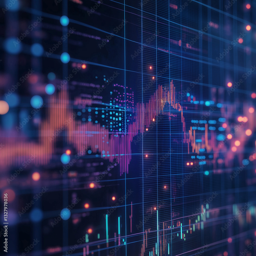 Poster ai-powered stock market analysis: futuristic data visualization of global trading and investment