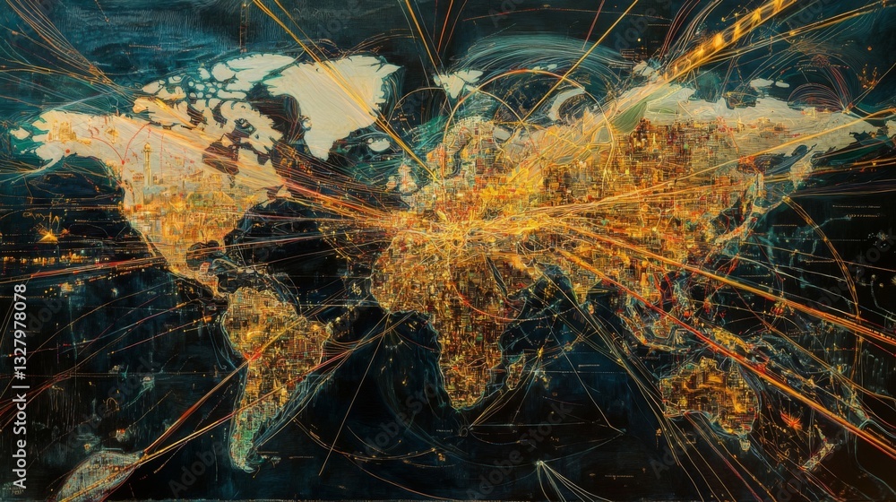 Poster global network connections: illuminated world map