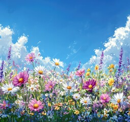 Fototapeta premium Vibrant Blooming Wildflower Meadow Under a Clear Blue Sky with Fluffy White Clouds and Sunlight Illuminating Colorful Flowers
