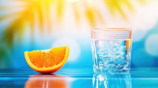 A glass filled with ice cubes sits next to a fresh orange slice on a reflective surface, illuminated by a sunny beach atmosphere - Powered by Adobe