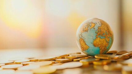 A globe representing world geography rests atop a pile of coins, highlighting themes of finance and global trade in warm lighting