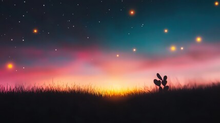 A breathtaking twilight sky showcases stars twinkling above a tranquil desert, with cacti silhouetted against the colorful horizon
