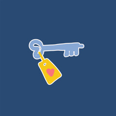 Hand-drawn vintage key with a tag featuring a heart symbol on a dark blue background. Minimalist and aesthetic design, perfect for branding, love concepts, and symbolic illustrations.