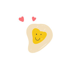 Cute hand-drawn fried egg with a smiling heart-shaped yolk and two floating hearts. Playful and minimalist food illustration, perfect for stickers, branding, packaging, and social media designs.