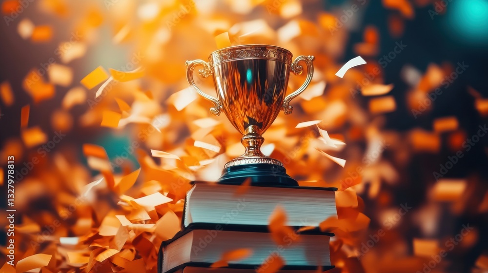 Poster a gleaming trophy rests atop a stack of books, illuminated by warm light and surrounded by vibrant c