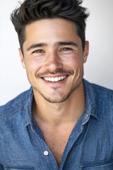 Obraz premium Handsome Smiling Man in Denim Shirt - Portrait Photography