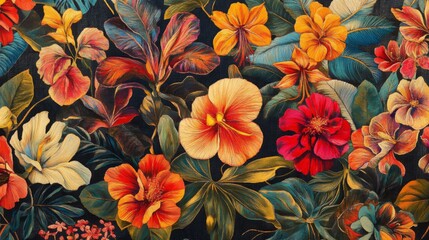 Vibrant Colorful Floral Pattern with Tropical Flowers