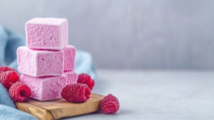 Soft pink marshmallows are stacked next to juicy raspberries on a wooden board, surrounded by a gentle blue fabric
