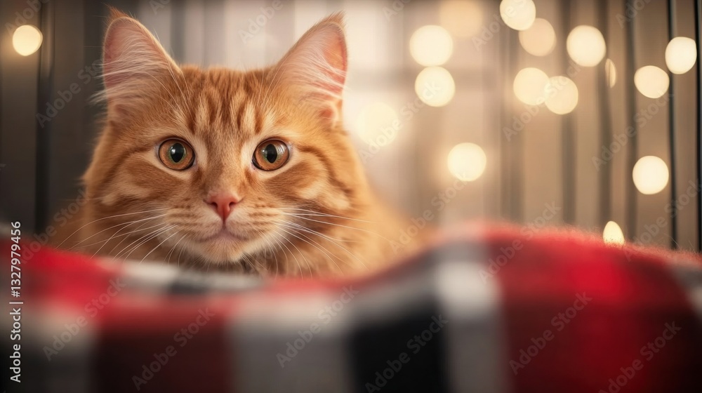 Poster a ginger cat with striking green eyes gazes intently from a soft blanket, illuminated by soft backgr
