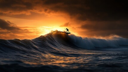 A surfer riding a massive wave against the backdrop of an orange sunset