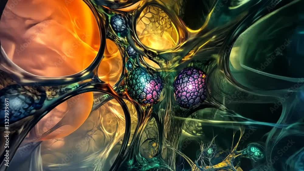 Poster exploration of vibrant, abstract patterns in a surreal, colorful environment showcasing intricate de