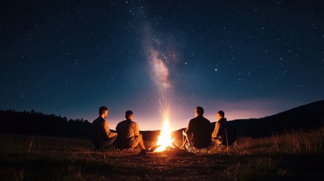 A group of campers sitting around a bonfire, telling stories under a starry sky