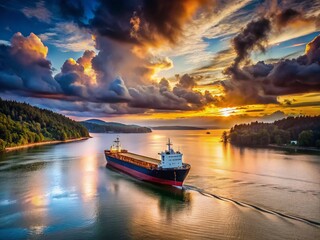 Naklejka premium Majestic Cargo Ship on Columbia River, Astoria, Oregon - Stunning Sunset View