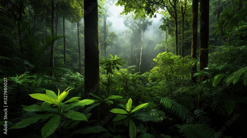 Poster a mist-covered rainforest with towering ancient trees and lush undergrowth