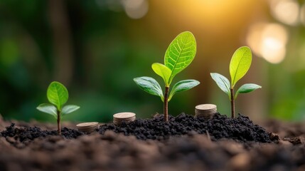 Young Green Plants Emerging from the Soil Next to Coins Illustrating the Concept of Sustainable Investment
