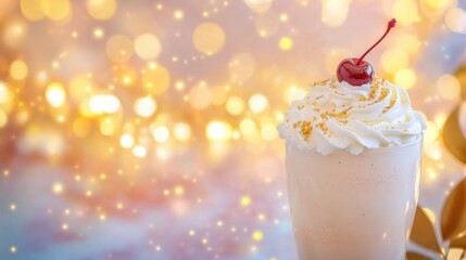 A creamy milkshake with whipped cream and cherry sits elegantly, surrounded by a sparkling, celebratory background
