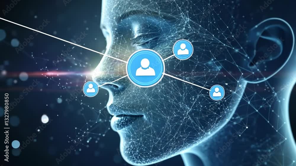 Poster exploring the intersection of technology and identity in a digital landscape of interconnected netwo