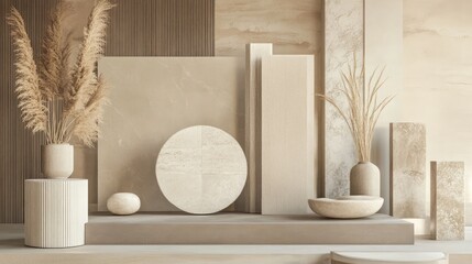 Earthy Podium Arrangement with Textured Surfaces and Organic Accents Creating a Serene Ambiance