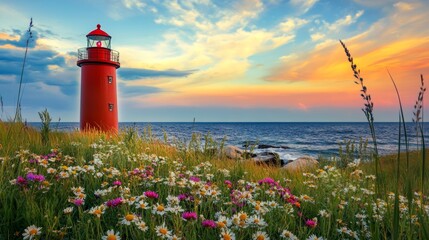 Seascape with Red Lighthouse Wildflowers and Colorful Sunset 