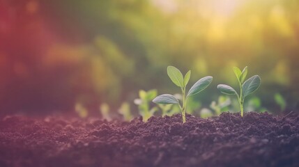 Fresh green seedlings grow from dark soil under gentle sunlight, indicating the start of a new life cycle in a garden