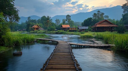Fototapeta premium Bamboo Bridge Leading to Peaceful River Houses in Laos