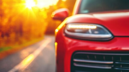 A vibrant red car is parked on a winding road surrounded by trees with golden autumn foliage as the sun sets in the background